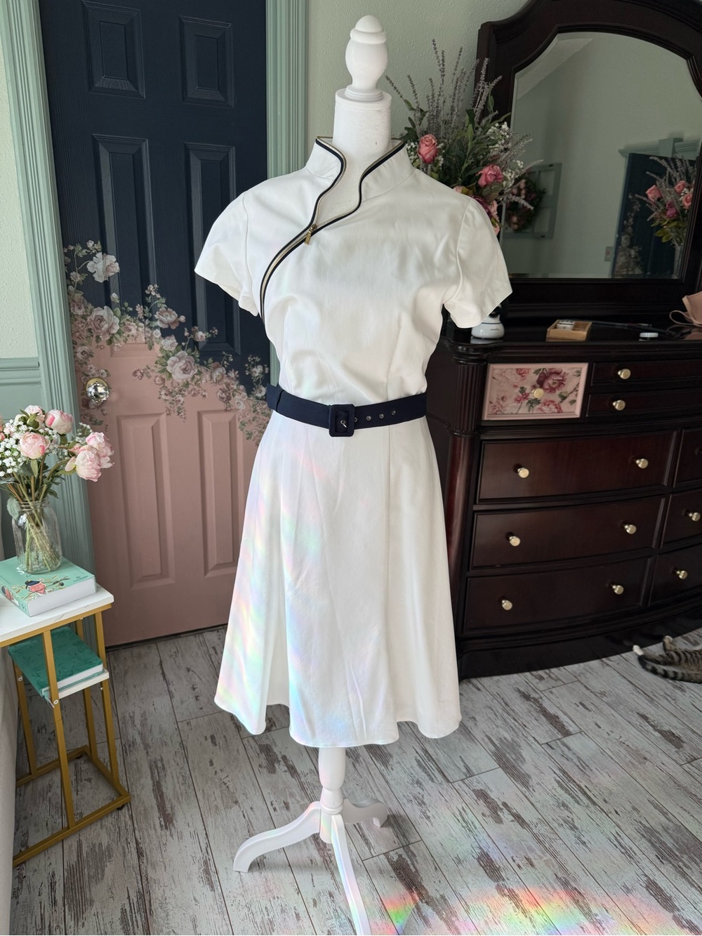 White Midi Dress with Black Trim and Belt